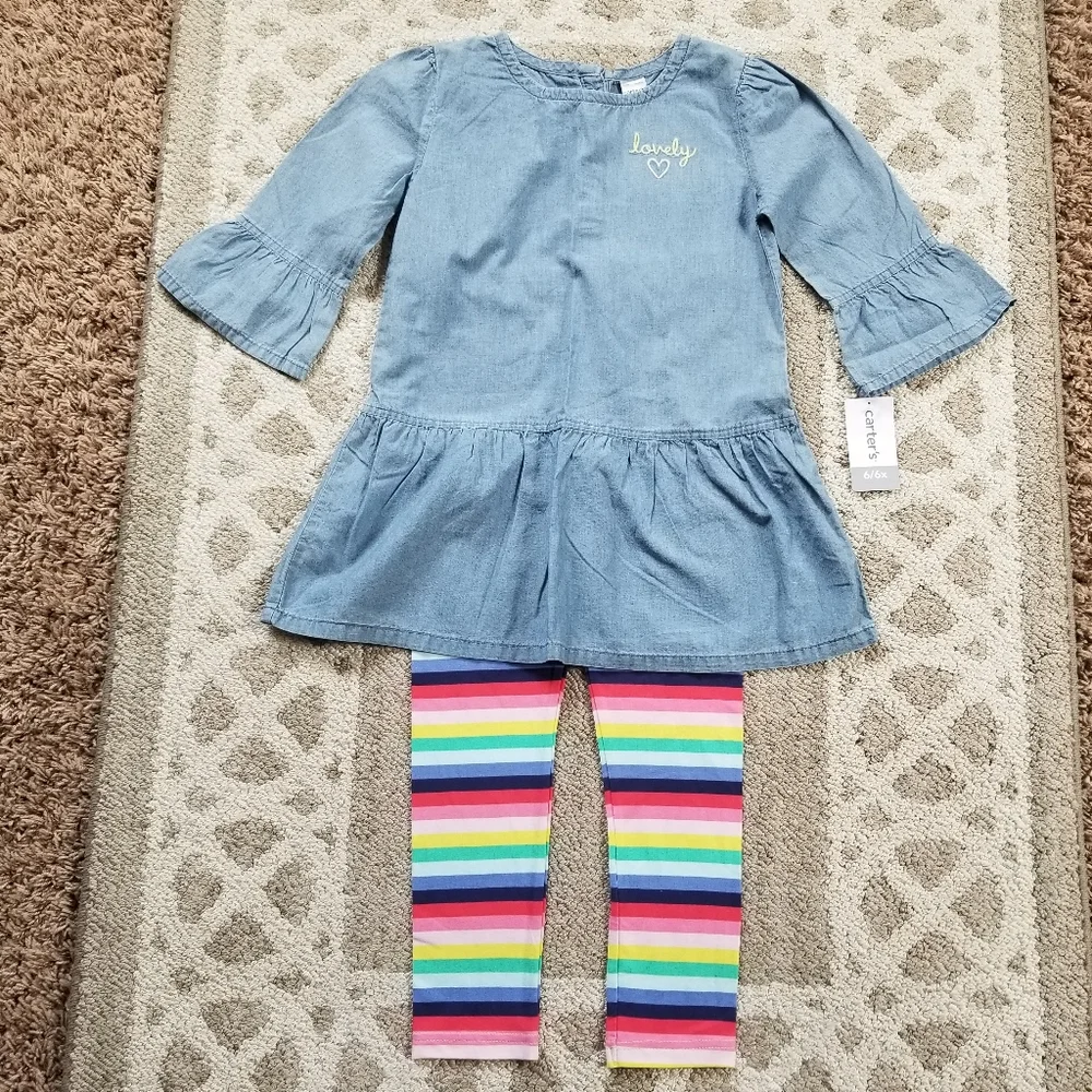 Carter's Chambray Tunic & Rainbow Stripe Leggings